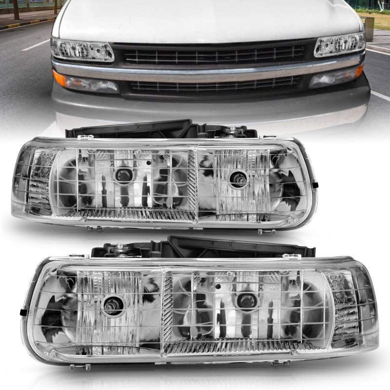 ANZO 1999-2002 Chevrolet Silverado 1500 Crystal Headlight Set with Clear Lens and Chrome Housing