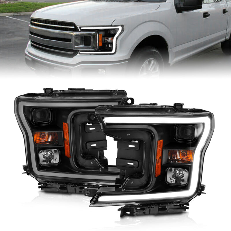 ANZO 2018-2019 Ford F-150 Projector Headlights with Halo, Black Housing and Amber Accents