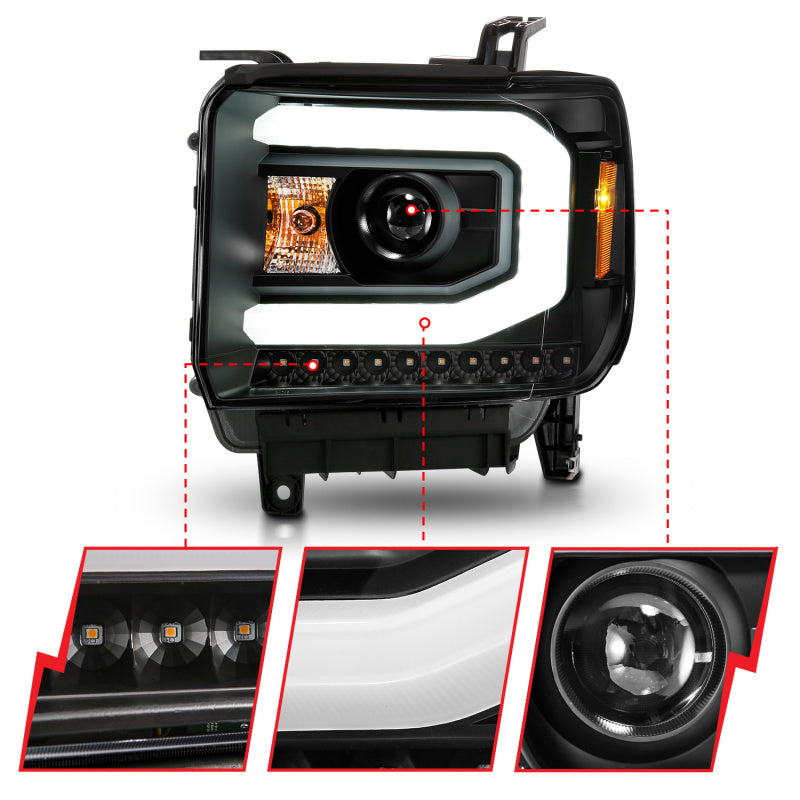 ANZO 2014-2015 GMC Sierra 1500 Projector Headlights with Light Bar, Black Housing - Pair