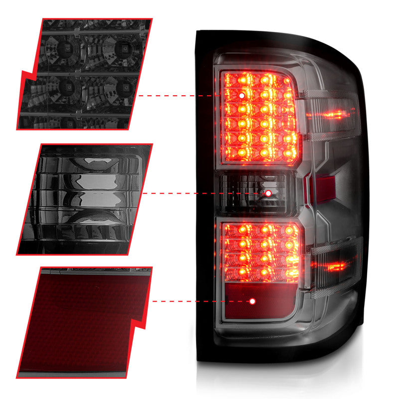 ANZO 15-19 Chevy Silverado 2500HD/3500HD LED Tail Lights with Smoke Lens and Chrome Housing