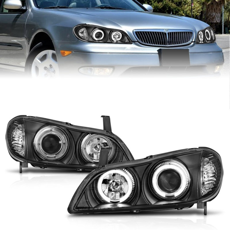 ANZO 2000-2004 Infiniti I30 & I35 Projector Headlights with Halo, Black Housing, Clear Lens, Pair