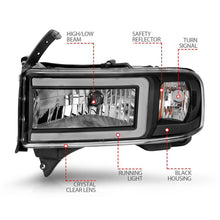Load image into Gallery viewer, ANZO 94-02 Dodge Ram Crystal Headlight with Light Bar – Black Housing, Pair