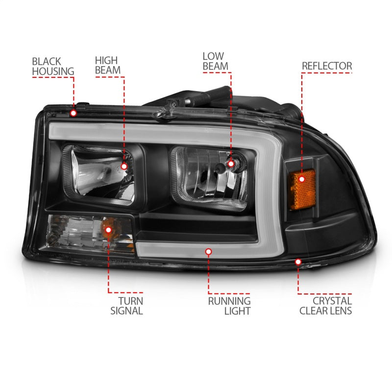 ANZO 97-04 Dodge Dakota/Durango Crystal Headlight Set with Light Bar, Black Housing