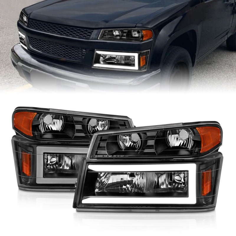ANZO 04-12 GM Colorado/Canyon/i-Series Crystal Headlights with Light Bar - Black Housing, 4-Piece Set