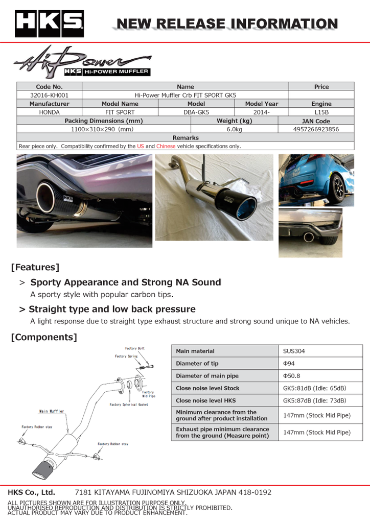 HKS Hi-Power Muffler for 2014+ Honda Fit Sport GK5 with Carbon Tips – Part Number hks32016-KH001