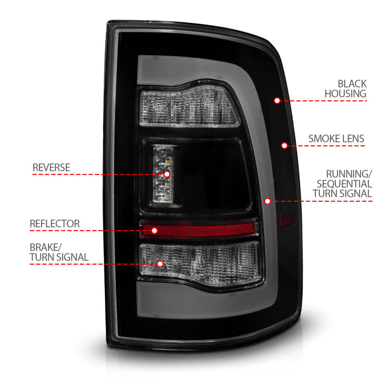 ANZO 09-18 Dodge Ram 1500 Sequential LED Tail Lights with Smoke Black Housing and Switchback Amber Signal