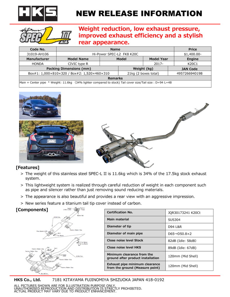 HKS Hi-Power Muffler SPEC-L2 for Honda FK8 K20C - Performance Exhaust System