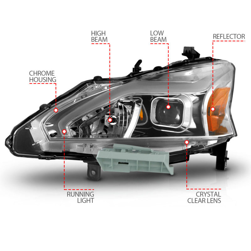 ANZO 13-15 Nissan Altima Projector Headlights with Light Bar and Chrome Housing