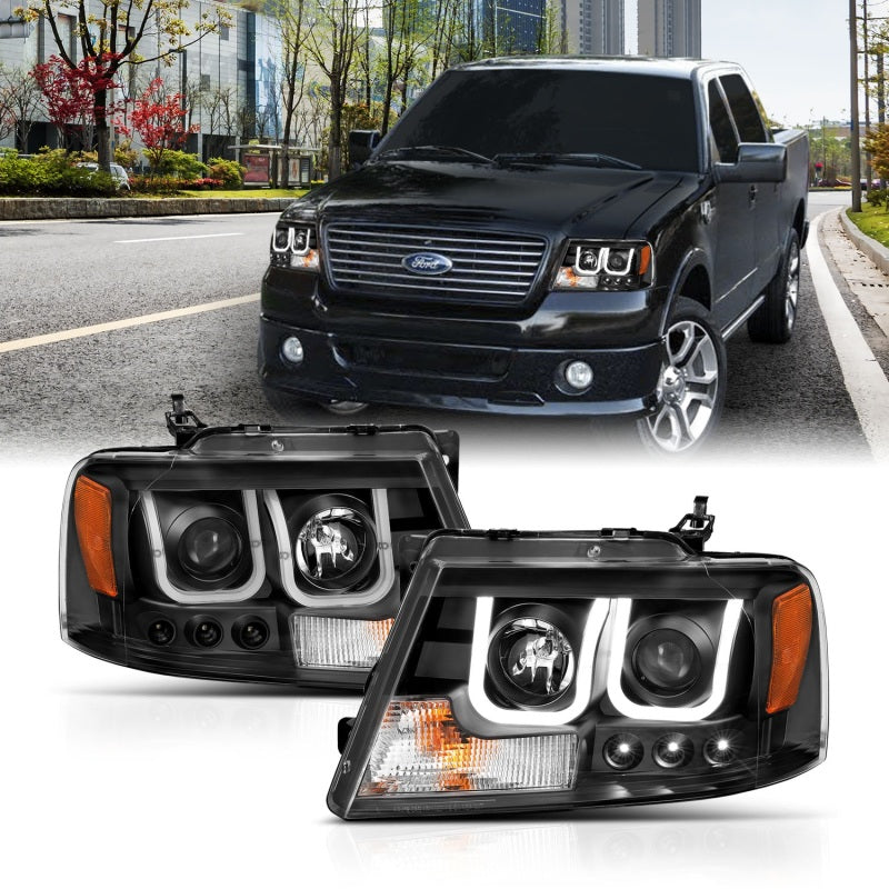 ANZO 2004-2008 Ford F-150 Projector Headlights with U-Bar Black Housing Pair - Clear Lens