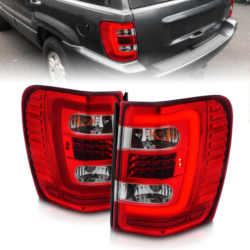 ANZO 1999-2004 Jeep Grand Cherokee LED Tail Light Assembly with Light Bar, Chrome Housing, Red and Clear Lenses