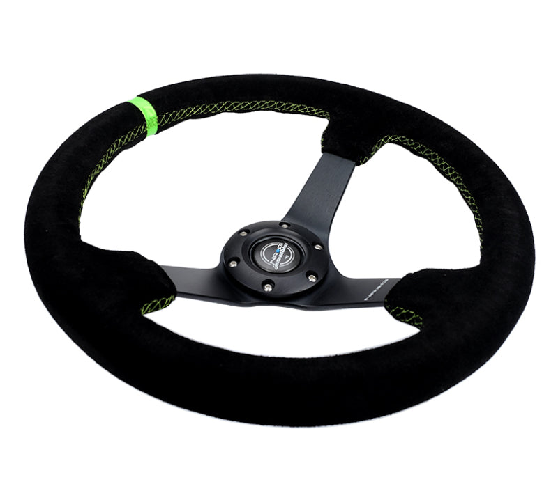 NRG Reinforced 350mm Deep Black Suede Steering Wheel with Neon Green Stitch and Matte Black Spoke * Part Number: nrgRST-036MB-S-GN