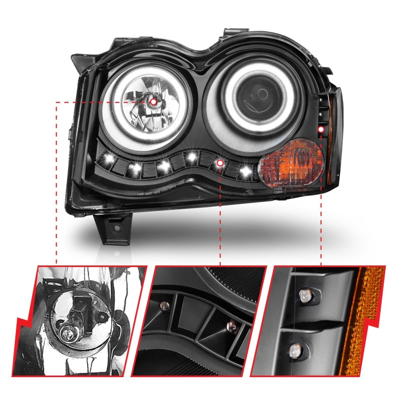 ANZO 2008-2010 Jeep Grand Cherokee Projector Headlights with Halo - Black Housing, CCFL, Pair