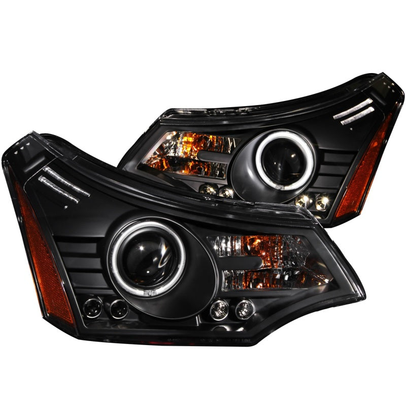 ANZO 2008-2011 Ford Focus Projector Headlight Set with Halo - Black Housing, Clear Lens, Pair