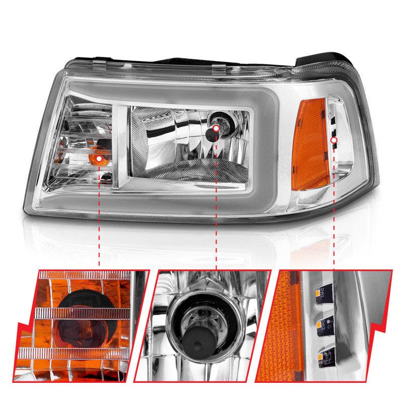 ANZO 2001-2011 Ford Ranger Crystal Headlights with Light Bar, Chrome Housing and Clear Lenses