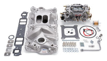 Load image into Gallery viewer, Edelbrock Part #2021 Small-Block Chevy Single-Quad Manifold and Carburetor Kit with Chrome Finish