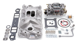 Edelbrock Part #2021 Small-Block Chevy Single-Quad Manifold and Carburetor Kit with Chrome Finish