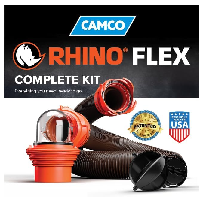 Camco RhinoFLEX 15-Ft RV Sewer Hose Kit with Clear Elbow & Removable 4-in-1 Adapter (39761)