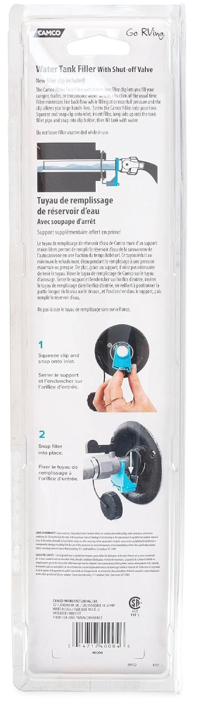 Camco RV Gravity Water Fill Adapter with Shut Off Valve and Clip (40004)