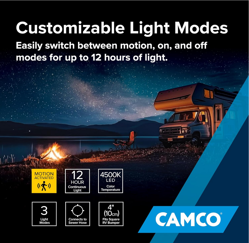 Camco RV Bumper Cap Solar Light – Motion-Activated, Fits 4" Square Bumpers (40332)