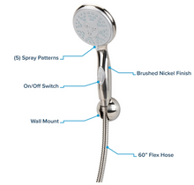 Load image into Gallery viewer, Camco Complete RV/Marine Shower Head Kit, 5 Spray Patterns, Brushed Nickel (43747)