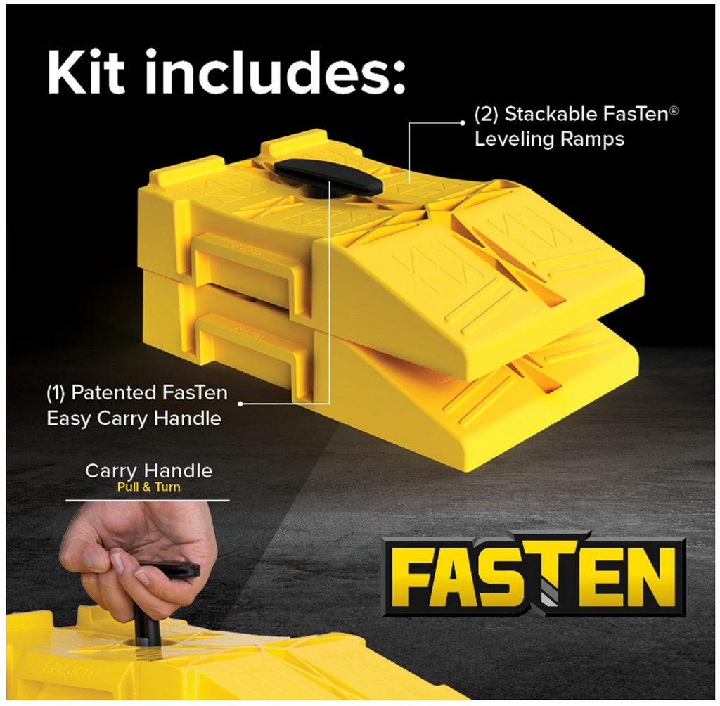 Camco FasTen Premium RV Leveling Trailer Ramps with Handle, 2-Pack (44535)