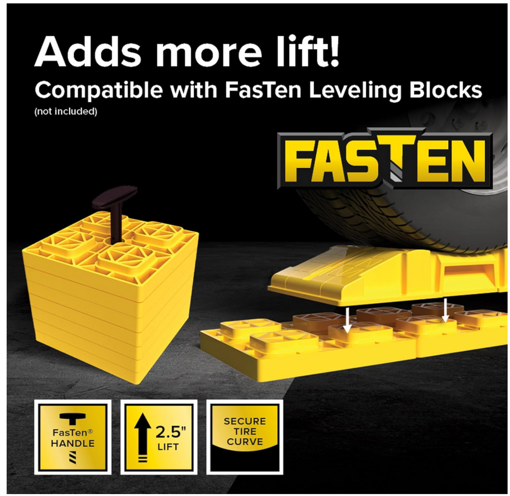 Camco FasTen Premium RV Leveling Trailer Ramps with Handle, 2-Pack (44535)