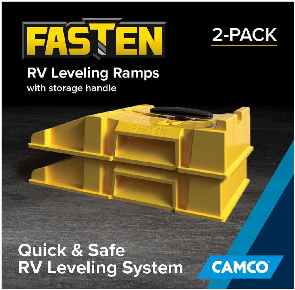 Camco FasTen Premium RV Leveling Trailer Ramps with Handle, 2-Pack (44535)