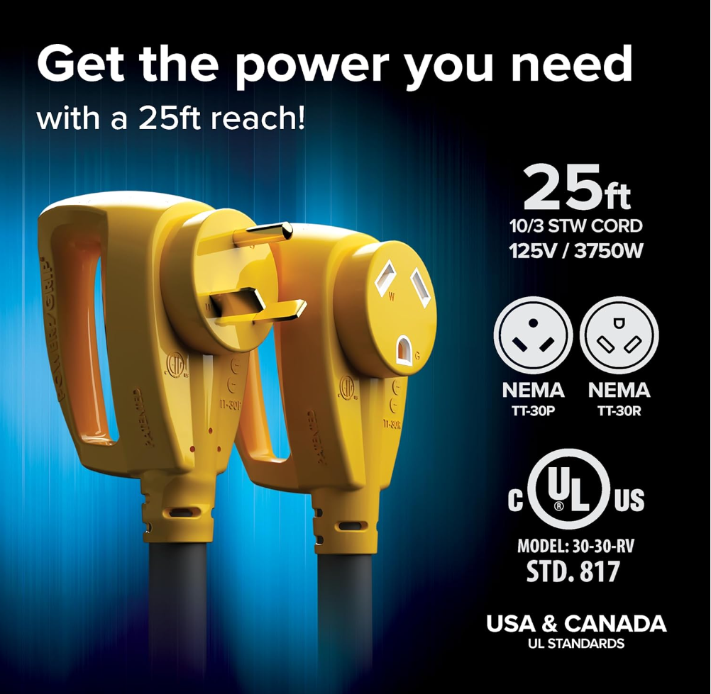 Camco PowerGrip 25-Ft 30 Amp RV Extension Cord – TT-30P to TT-30R (55191)