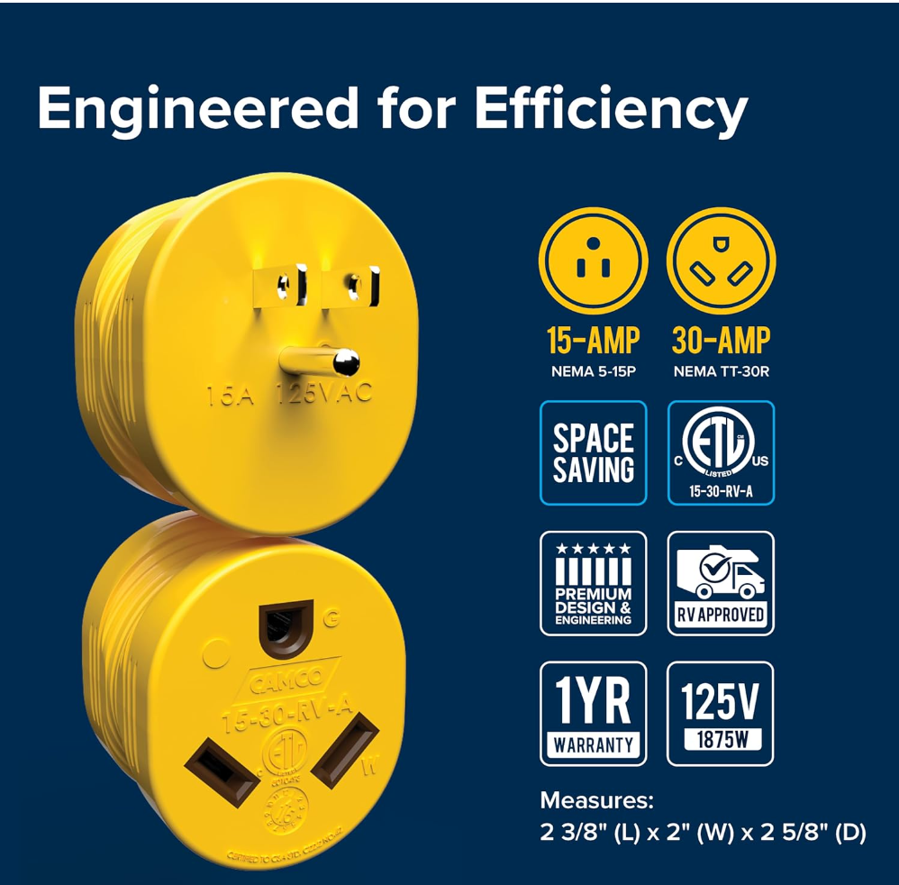 Camco Heavy Duty RV PowerGrip Adapter – 15A Male to 30A Female (55223)