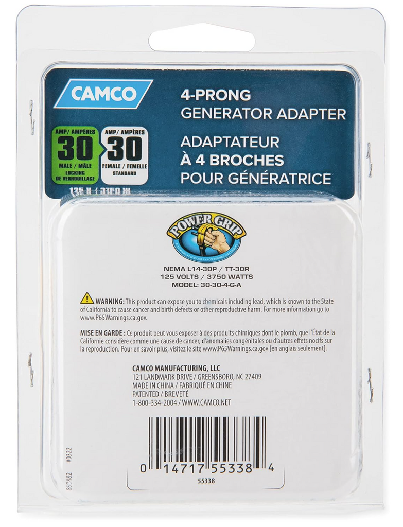 Camco PowerGrip 30 Amp 4-Prong Generator Adapter – L14-30P to TT-30R (55338)