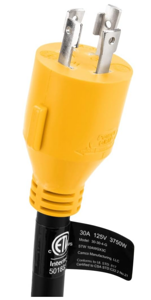 Camco PowerGrip Generator Adapter Dogbone, 12" – 30A 4-Prong to 90° RV (ETL)