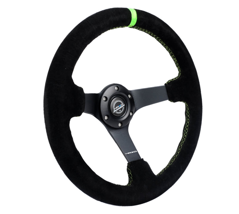 NRG Reinforced 350mm Deep Black Suede Steering Wheel with Neon Green Stitch and Matte Black Spoke * Part Number: nrgRST-036MB-S-GN