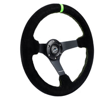 Load image into Gallery viewer, NRG Reinforced 350mm Deep Black Suede Steering Wheel with Neon Green Stitch and Matte Black Spoke * Part Number: nrgRST-036MB-S-GN