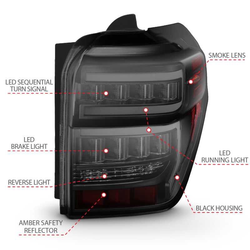 ANZO 2014-2020 Toyota 4Runner Tail Light Assembly with Smoke Lens and Red Light Bar