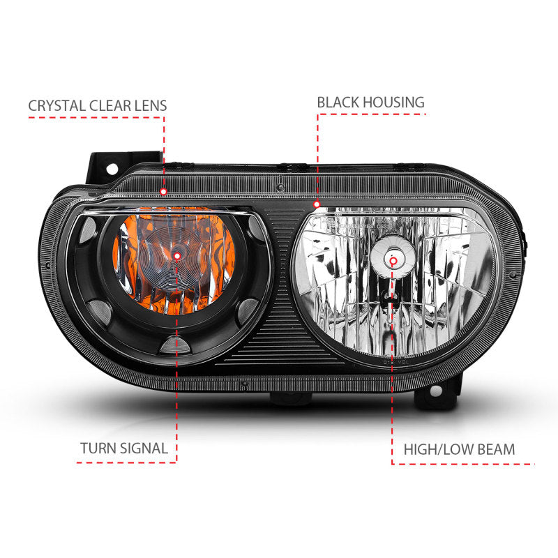 ANZO 2008-2014 Dodge Challenger Crystal Headlights with Black Housing and Clear Lenses