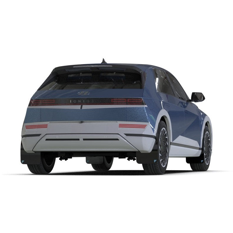 Rally Armor UR Series Mud Flaps for Hyundai Ioniq 5 (2022-2024) – Black with Light Blue Battery Logo, Part Number RALMF87-BAT-BLK-PBL