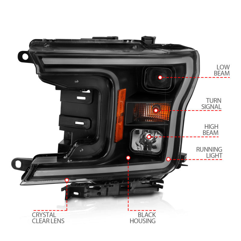 ANZO 2018-2019 Ford F-150 Projector Headlights with Halo, Black Housing and Amber Accents