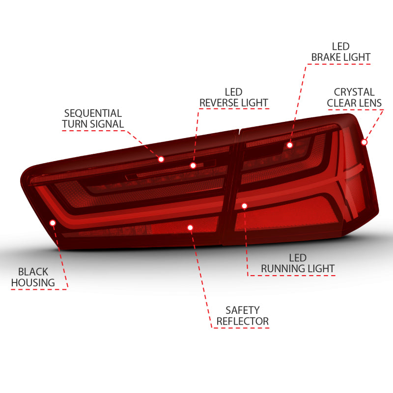 ANZO 2012-2018 Audi A6 LED Tail Light Assembly with Sequential Signal - Black Housing, Red and Clear Lens, Pair