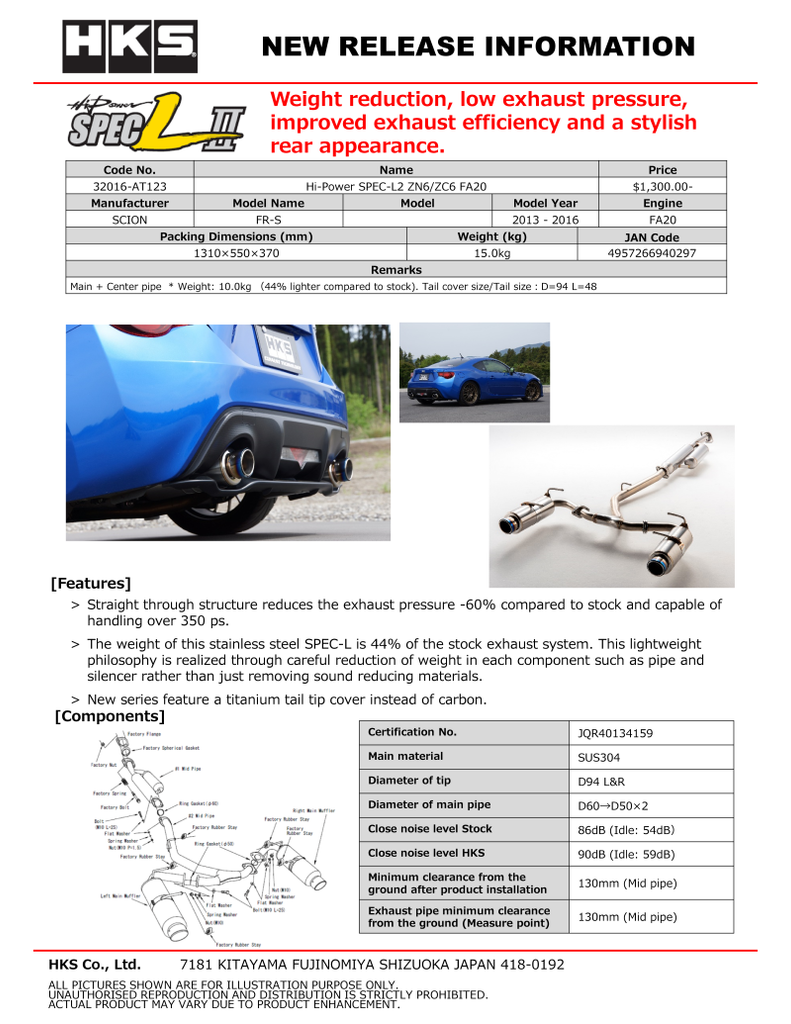 HKS Hi-Power Muffler SPEC-L for Toyota 86 (ZN6) – Performance Exhaust Upgrade
