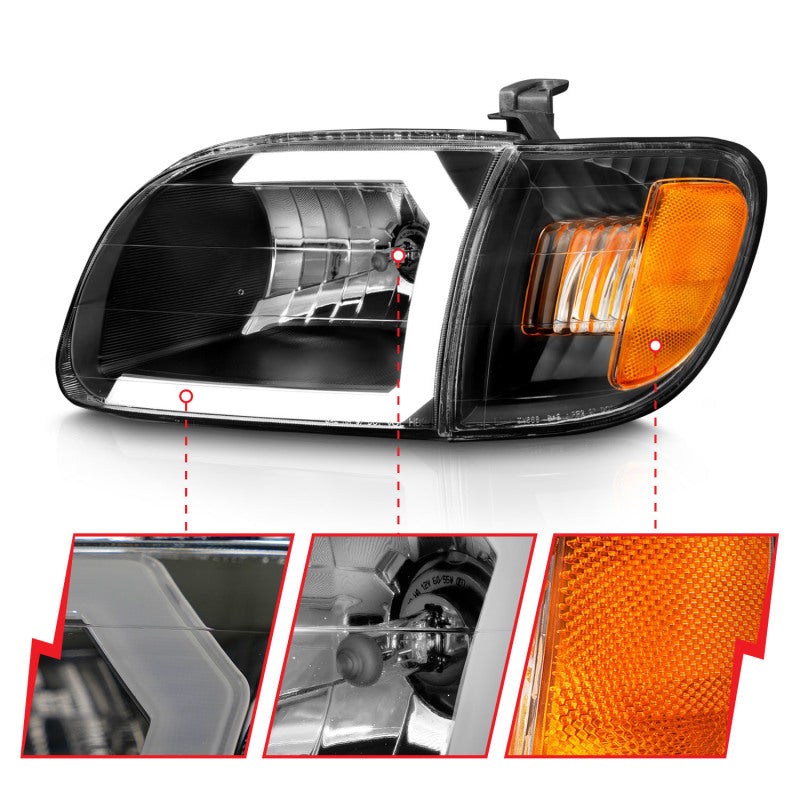 ANZO 00-04 Toyota Tundra Crystal Headlights with Light Bar, Black Housing, Clear Lens - Pair