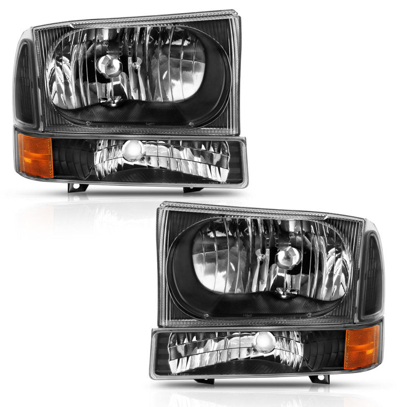 ANZO 2000-2004 Ford F-250 Super Duty and Excursion Crystal Headlight Set with Corner Lights, Black Housing, Clear Lens