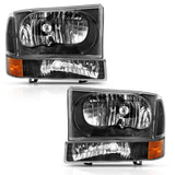 ANZO 2000-2004 Ford F-250 Super Duty and Excursion Crystal Headlight Set with Corner Lights, Black Housing, Clear Lens