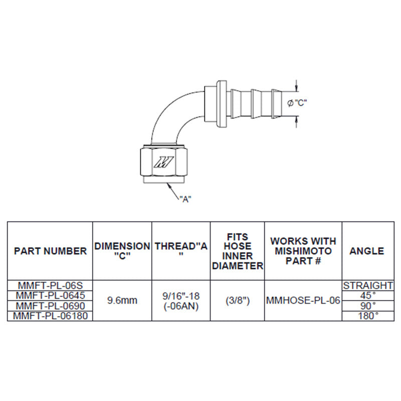 Mishimoto -6AN Push Lock Fitting - Straight, 45°, 90°, and 180° Angles for Automotive Applications