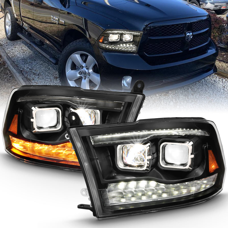 ANZO Part ANZ111464 LED Projector Headlight Set for Dodge Ram 1500 and Ram 2500, Black Housing with Amber Switchback, Pair