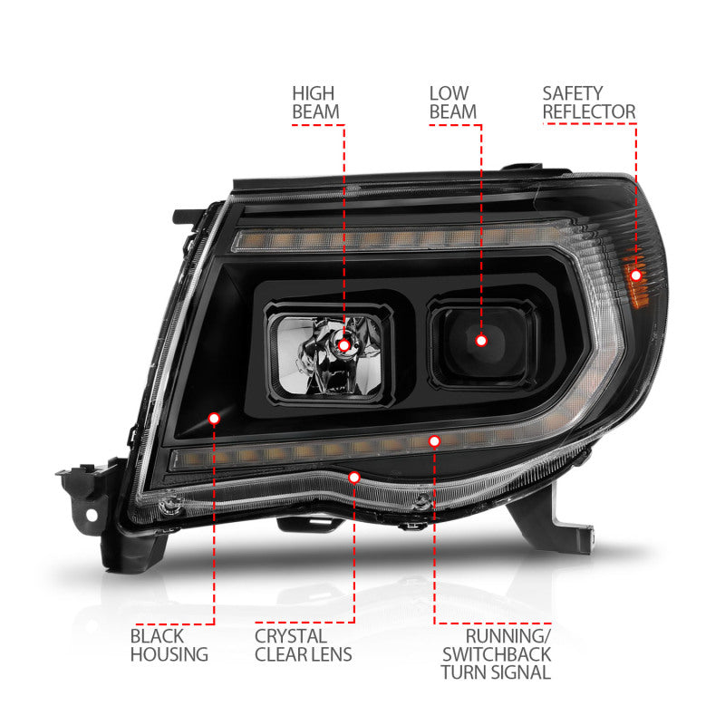 ANZO 05-11 Toyota Tacoma Projector Headlights with Light Bar Switchback in Black Housing