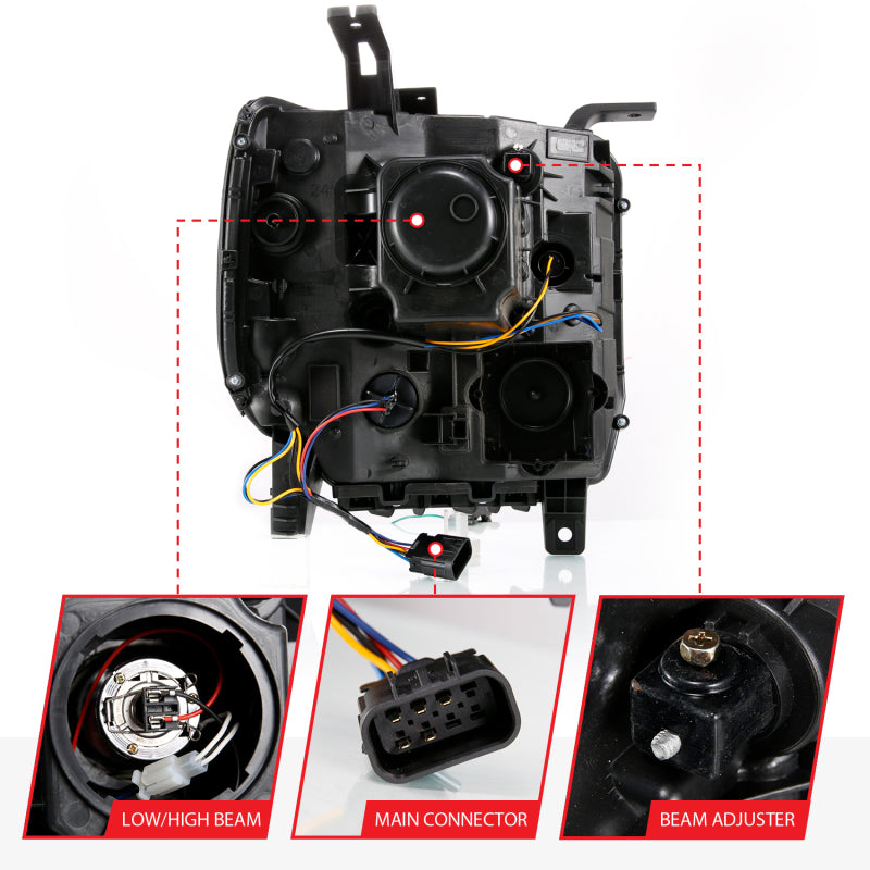 ANZO GMC Sierra 1500 14-15 & 2500HD/3500HD Projector Headlight Set with Plank Style Switchback, Black Finish