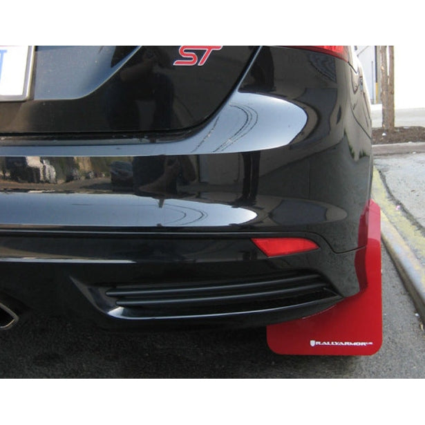 Rally Armor 12-19 Ford Focus ST / 16-19 RS Black Mud Flap with Red Logo - Durable Polyurethane Mud Guards
