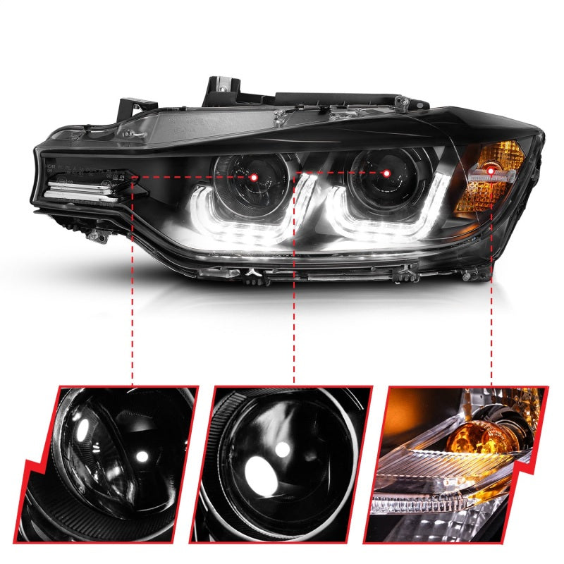 ANZO 2012-2015 BMW 3 Series Projector Headlights with U-Bar in Black Housing