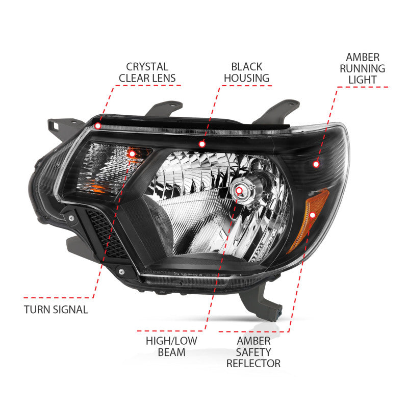 ANZO 2012-2015 Toyota Tacoma Crystal Headlights with Clear Lenses and Black Housing