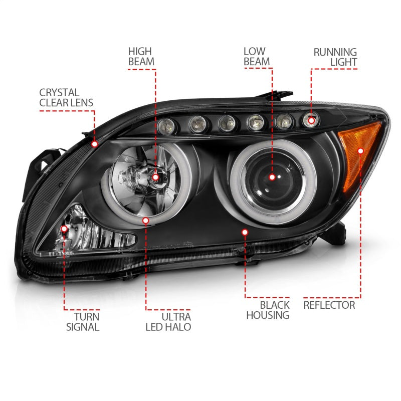 ANZO 2005-2010 Scion tC Projector Headlights with Halo - Black Housing, CCFL - Pair
